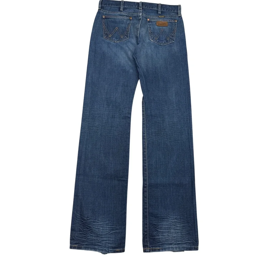 Wrangler 47 Jeans Mens 28x34 Blue Straight Leg Button Fly Made in USA Denim